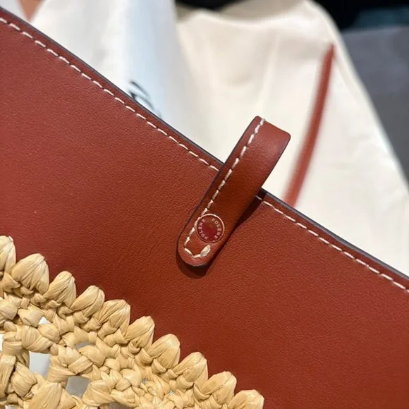 Polene Paris Crochet Straw Tote Bag Browm Leather Trim - Picture 7 of 10